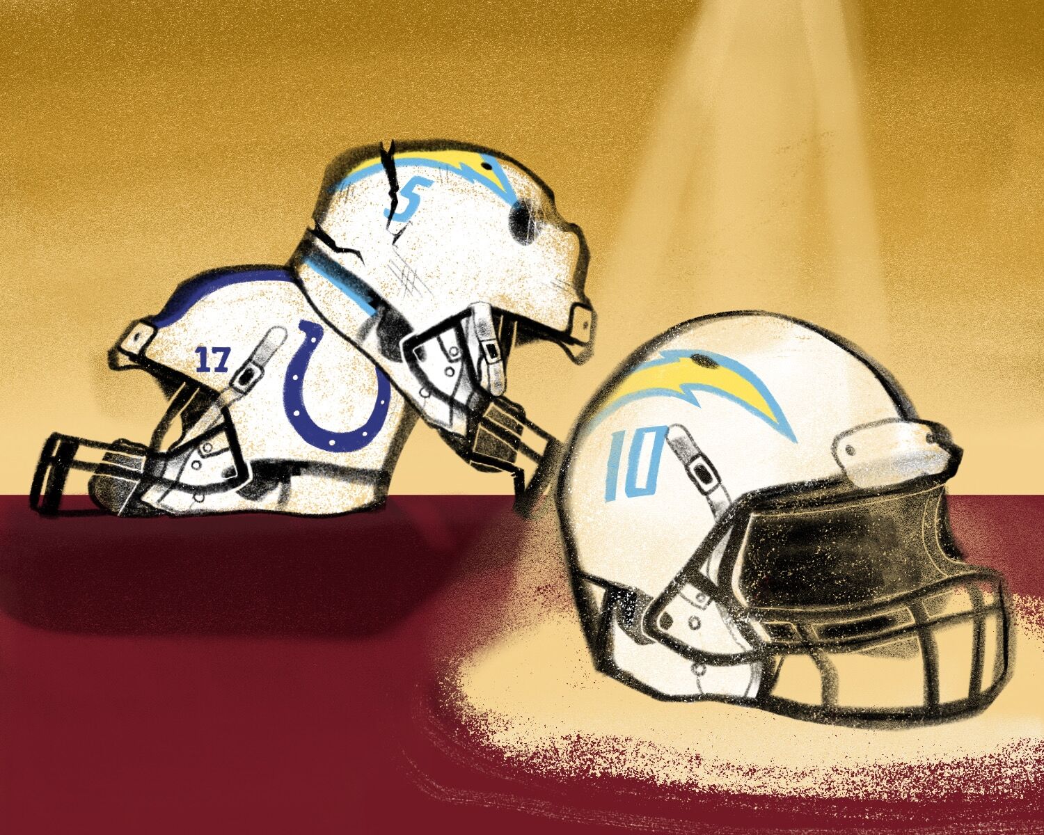 Herbert's helmet under a spotlight in front of Phillip River's and Tyrod Taylor's